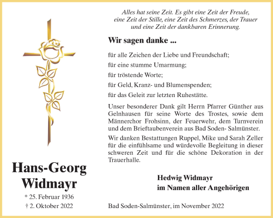 Traueranzeige von Hans-Georg Widmayr von Gelnhäuser Neue Zeitung