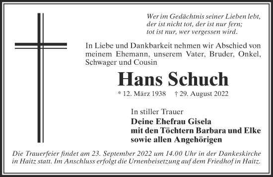 Traueranzeige von Hans Schuch von Gelnhäuser Neue Zeitung