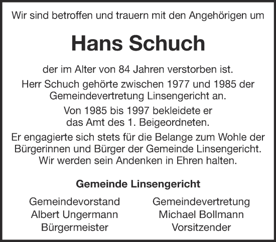 Traueranzeige von Hans Schuch von Gelnhäuser Neue Zeitung