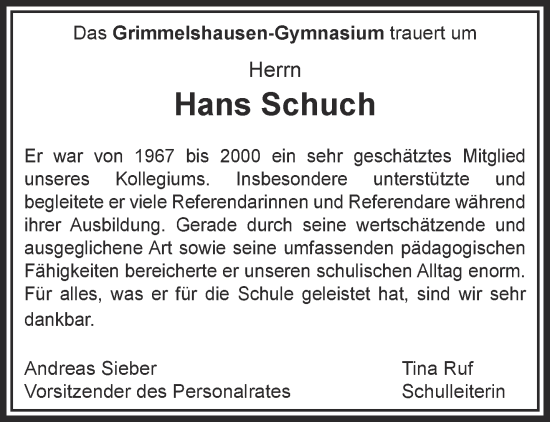 Traueranzeige von Hans Schuch von Gelnhäuser Neue Zeitung