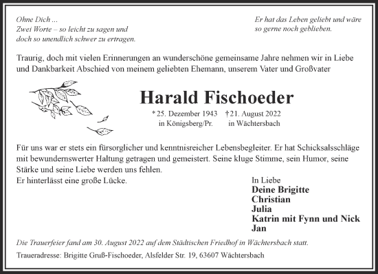 Traueranzeige von Harald Fischoeder von Mittelhessen-Bote