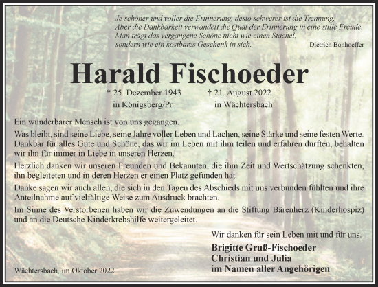 Traueranzeige von Harald Fischoeder von Gelnhäuser Neue Zeitung