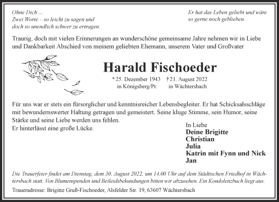 Traueranzeige von Harald Fischoeder von Gelnhäuser Neue Zeitung