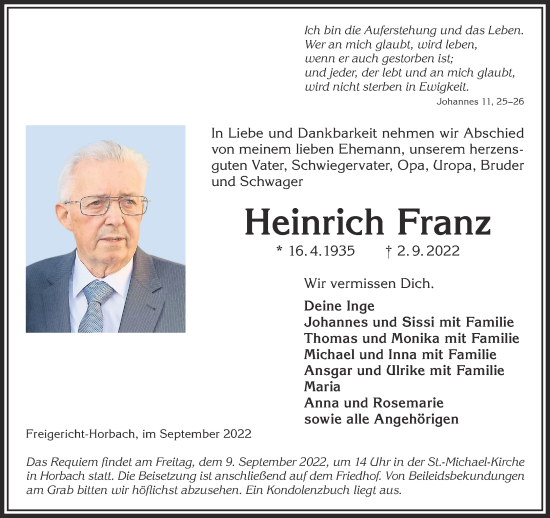 Traueranzeige von Heinrich Franz von Gelnhäuser Neue Zeitung