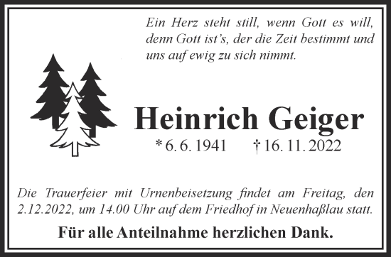 Traueranzeige von Heinrich Geiger von Gelnhäuser Neue Zeitung