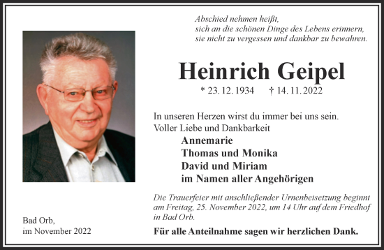 Traueranzeige von Heinrich Geipel von Gelnhäuser Neue Zeitung