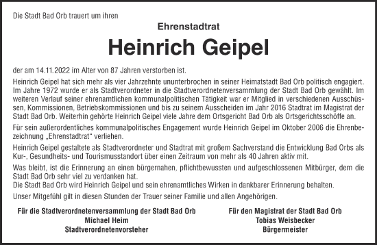 Traueranzeige von Heinrich Geipel von Gelnhäuser Neue Zeitung