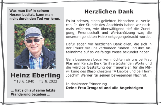 Traueranzeige von Heinz Eberling von Gelnhäuser Neue Zeitung