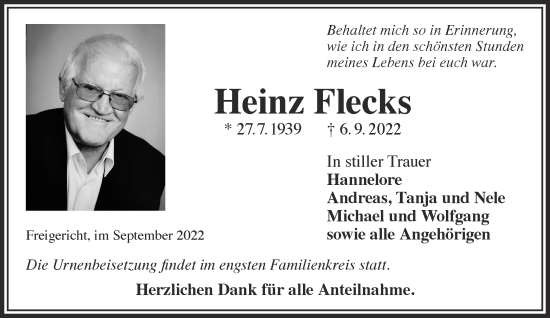 Traueranzeige von Heinz Flecks von Gelnhäuser Neue Zeitung