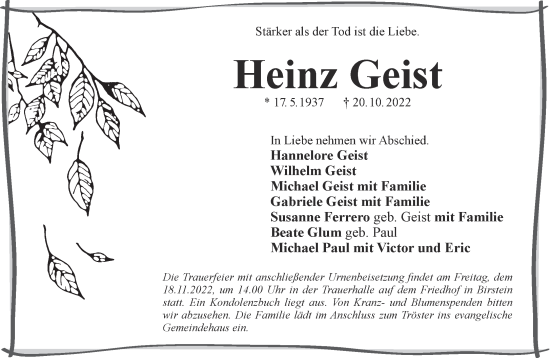 Traueranzeige von Heinz Geist von Gelnhäuser Neue Zeitung