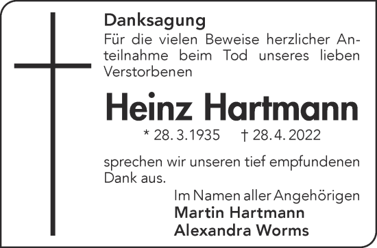 Traueranzeige von Heinz Hartmann von Gelnhäuser Neue Zeitung