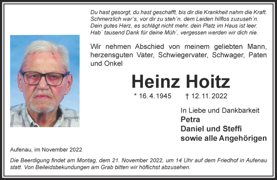 Traueranzeige von Heinz Hoitz von Gelnhäuser Neue Zeitung