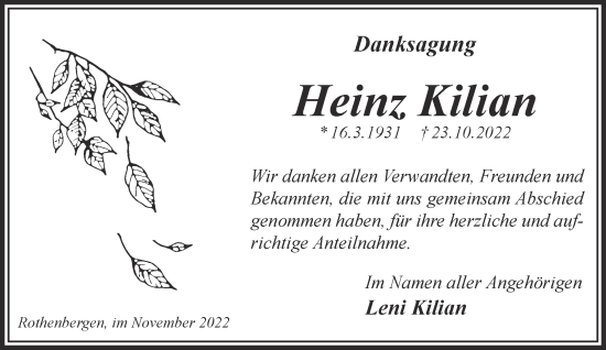 Traueranzeige von Heinz Kilian von Gelnhäuser Neue Zeitung