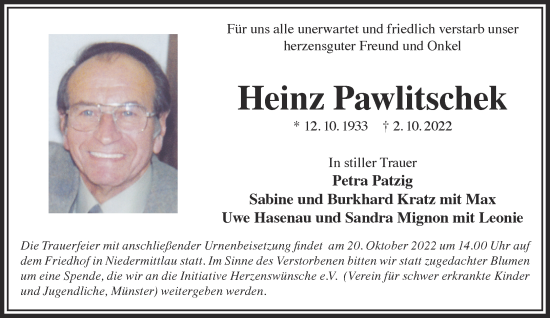 Traueranzeige von Heinz Pawlitschek von Gelnhäuser Neue Zeitung