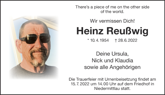 Traueranzeige von Heinz Reußwig von Gelnhäuser Neue Zeitung