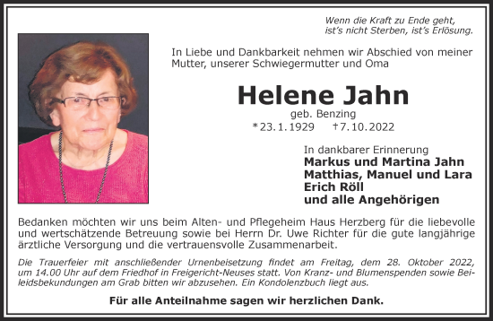 Traueranzeige von Helene Jahn von Gelnhäuser Neue Zeitung