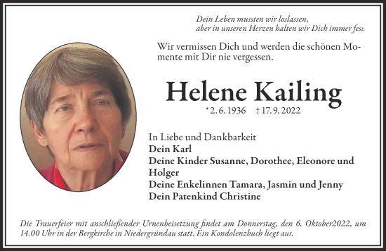 Traueranzeige von Helene Kailing von Gelnhäuser Neue Zeitung