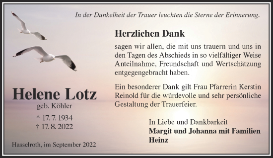 Traueranzeige von Helene Lotz von Mittelhessen-Bote