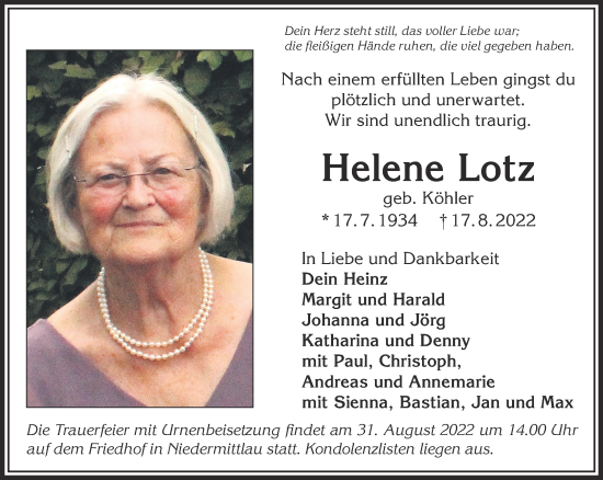 Traueranzeige von Helene Lotz von Gelnhäuser Neue Zeitung