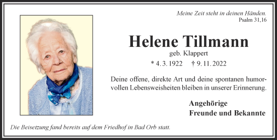 Traueranzeige von Helene Tillmann von Mittelhessen-Bote