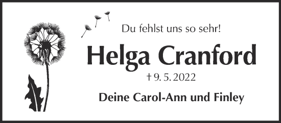 Traueranzeige von Helga Cranford von Gelnhäuser Neue Zeitung