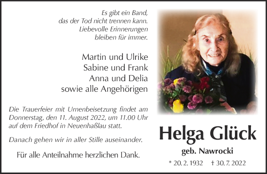 Traueranzeige von Helga Glück von Gelnhäuser Neue Zeitung