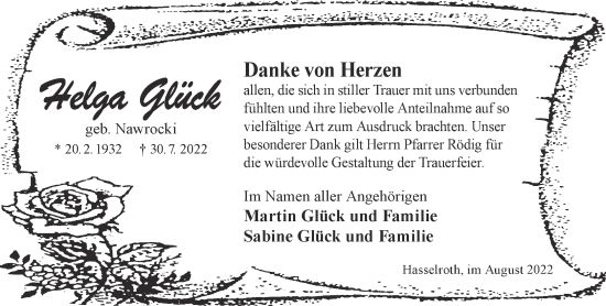 Traueranzeige von Helga Glück von Gelnhäuser Neue Zeitung