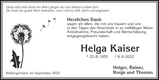 Traueranzeige von Helga Kaiser von Gelnhäuser Neue Zeitung