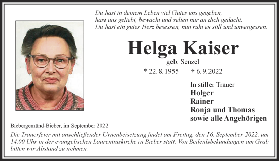 Traueranzeige von Helga Kaiser von Gelnhäuser Neue Zeitung