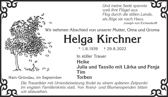 Traueranzeige von Helga Kirchner von Mittelhessen-Bote