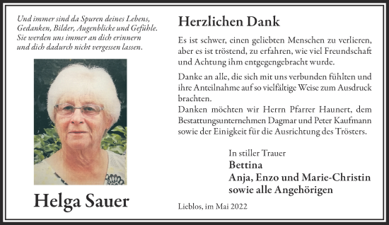 Traueranzeige von Helga Sauer von Gelnhäuser Neue Zeitung