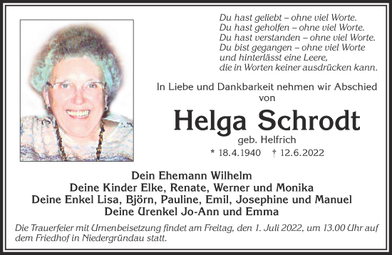 Traueranzeige von Helga Schrodt von Gelnhäuser Neue Zeitung