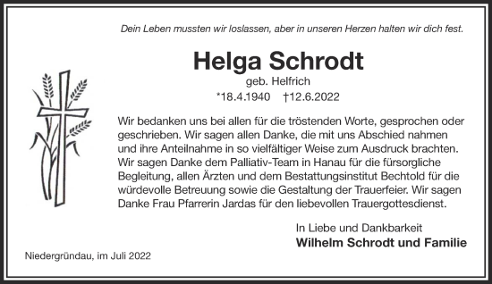 Traueranzeige von Helga Schrodt von Gelnhäuser Neue Zeitung