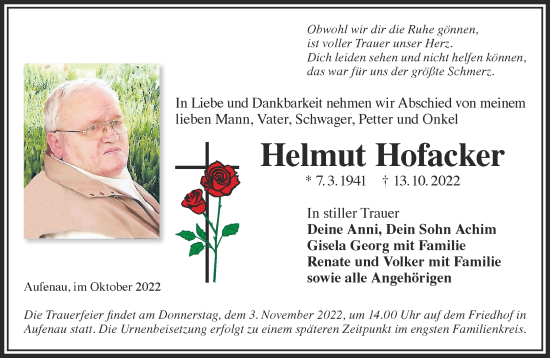 Traueranzeige von Helmut Hofacker von Gelnhäuser Neue Zeitung