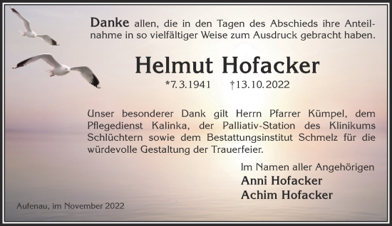 Traueranzeige von Helmut Hofacker von Mittelhessen-Bote