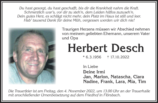 Traueranzeige von Herbert Desch von Gelnhäuser Neue Zeitung