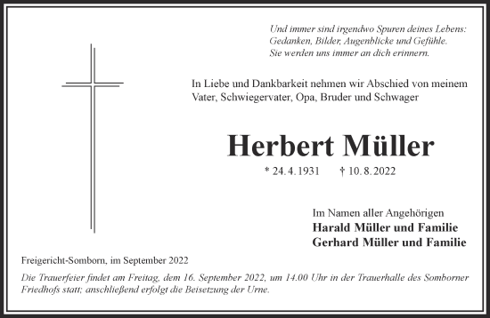 Traueranzeige von Herbert Müller von Gelnhäuser Neue Zeitung