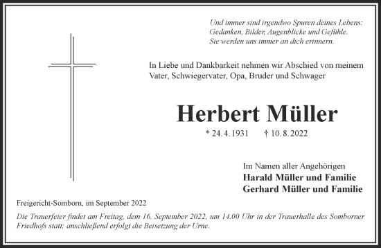 Traueranzeige von Herbert Müller von Mittelhessen-Bote