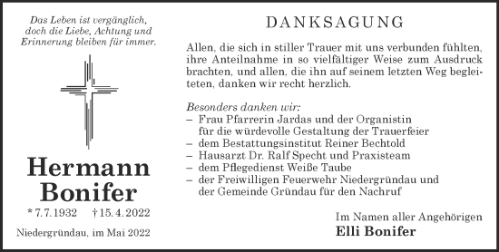 Traueranzeige von Hermann Bonifer von Gelnhäuser Neue Zeitung