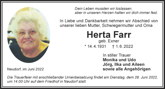 Traueranzeige von Herta Farr von Gelnhäuser Neue Zeitung