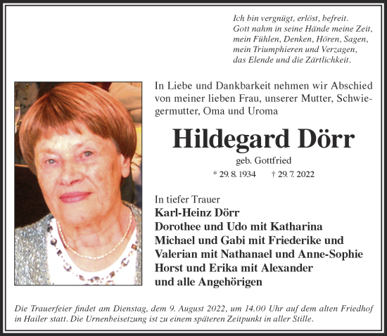 Traueranzeige von Hildegard Dörr von Gelnhäuser Neue Zeitung