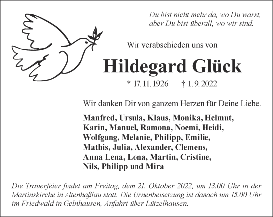 Traueranzeige von Hildegard Glück von Gelnhäuser Neue Zeitung