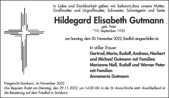 Traueranzeige von Hildegard Gutmann von Gelnhäuser Neue Zeitung