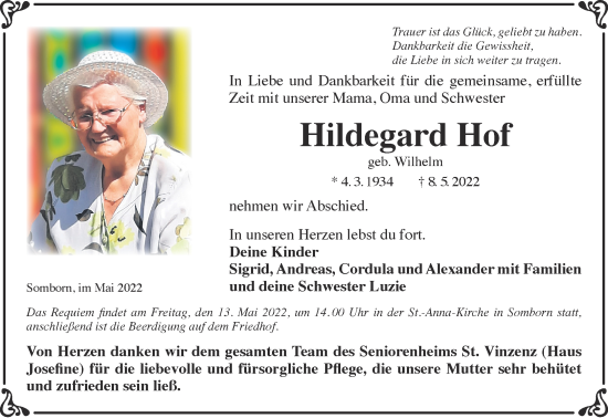 Traueranzeige von Hildegard Hof von Gelnhäuser Neue Zeitung