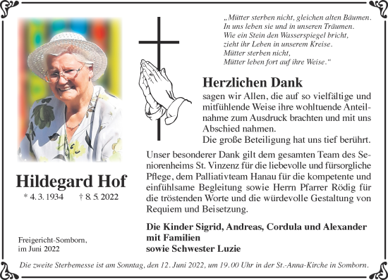 Traueranzeige von Hildegard Hof von Gelnhäuser Neue Zeitung