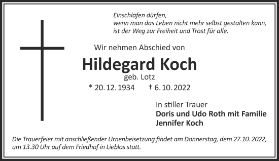 Traueranzeige von Hildegard Koch von Gelnhäuser Neue Zeitung