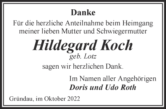 Traueranzeige von Hildegard Koch von Mittelhessen-Bote