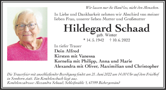 Traueranzeige von Hildegard Schaad von Gelnhäuser Neue Zeitung