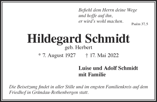 Traueranzeige von Hildegard Schmidt von Gelnhäuser Neue Zeitung