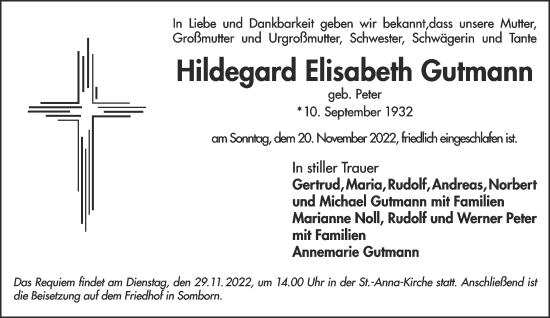 Traueranzeige von Hildegard Elisabeth Gutmann von Mittelhessen-Bote